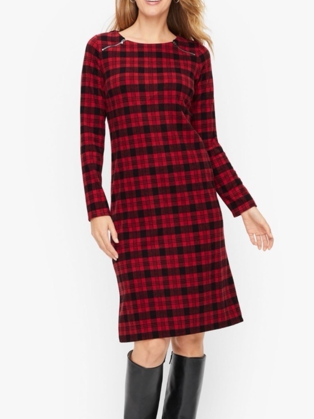 Talbots Red and Black Plaid Long-Sleeve Shift Dress